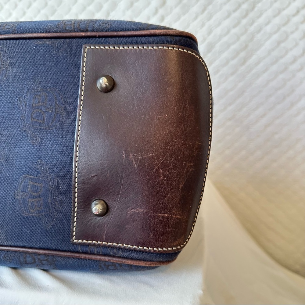Dooney & Bourke Canvas Signature Double Handle Tote Leather Navy Blue Brown - Picture 4 of 9